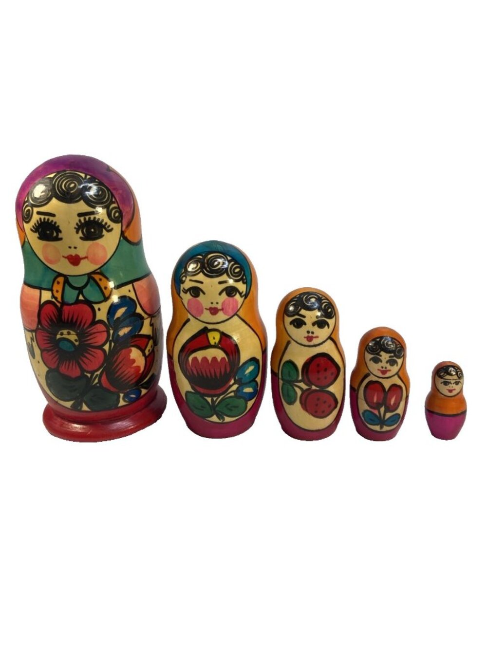 Vintage USSR Russian Matryoshka Nesting Dolls 5 Pc Set Hand Painted Floral 6 in